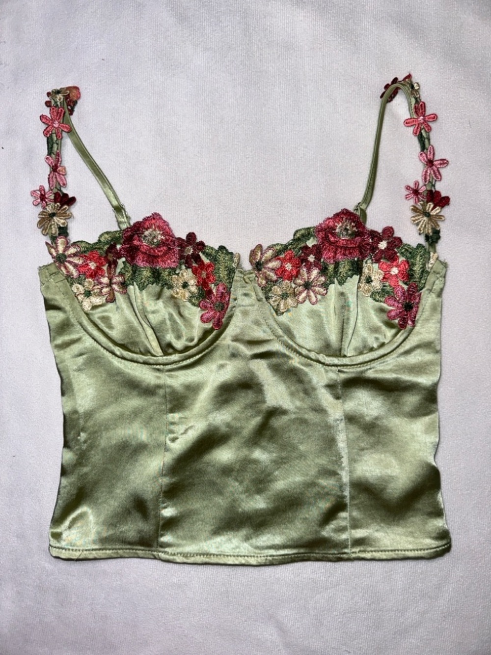 Princess Polly Green Satin Floral Embroidered Corset Top Size 0